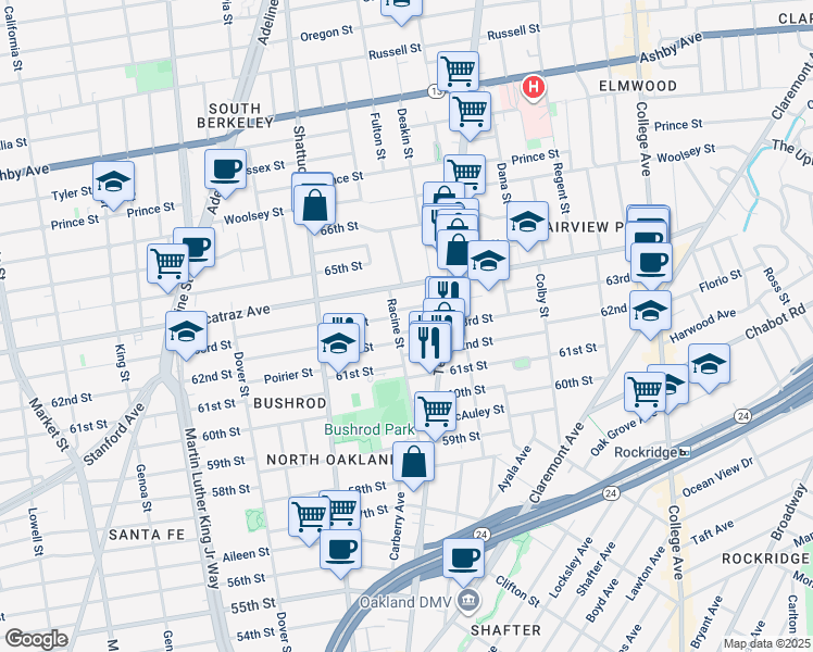 map of restaurants, bars, coffee shops, grocery stores, and more near 526 62nd Street in Oakland