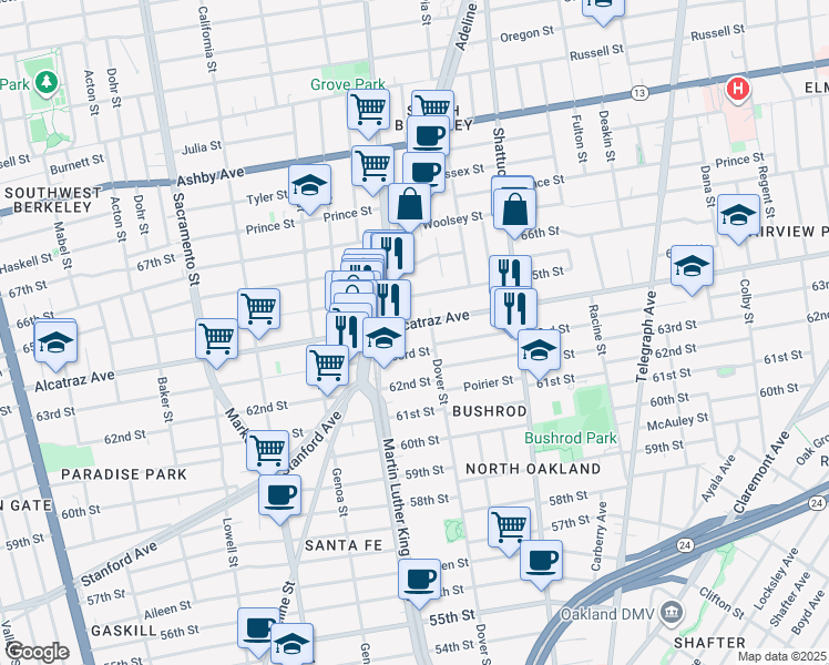 map of restaurants, bars, coffee shops, grocery stores, and more near in Oakland