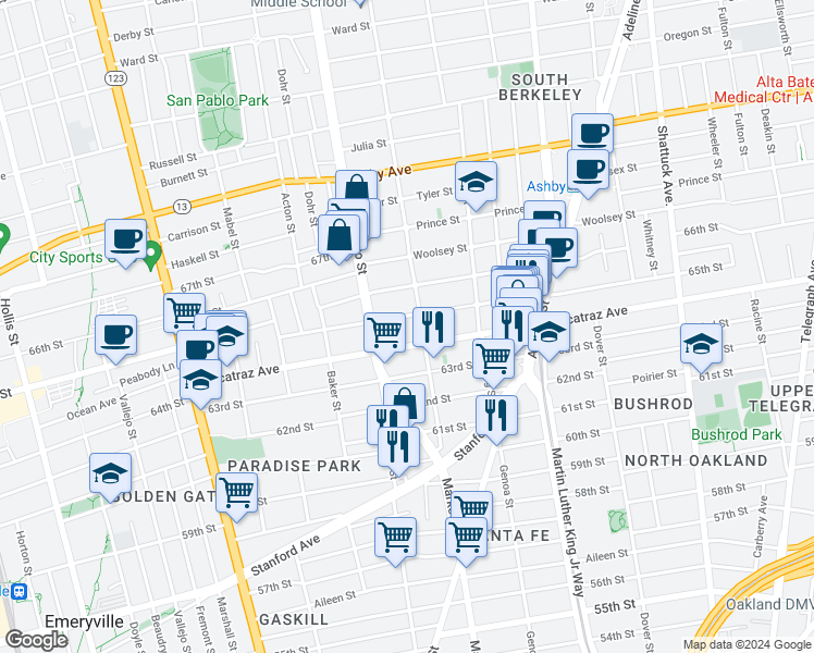 map of restaurants, bars, coffee shops, grocery stores, and more near in Berkeley