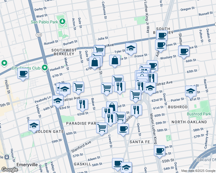 map of restaurants, bars, coffee shops, grocery stores, and more near in Berkeley