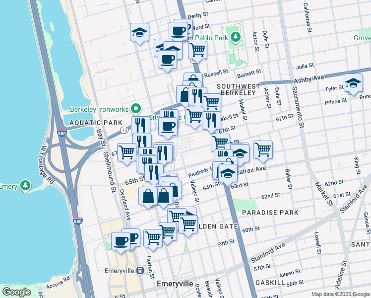 map of restaurants, bars, coffee shops, grocery stores, and more near 1220 66th Street in Emeryville