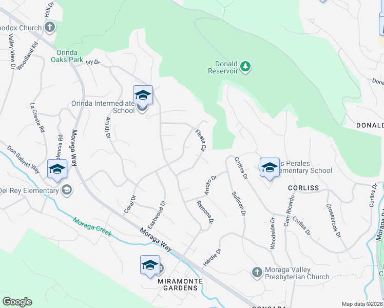 map of restaurants, bars, coffee shops, grocery stores, and more near 2 Rae Court in Orinda