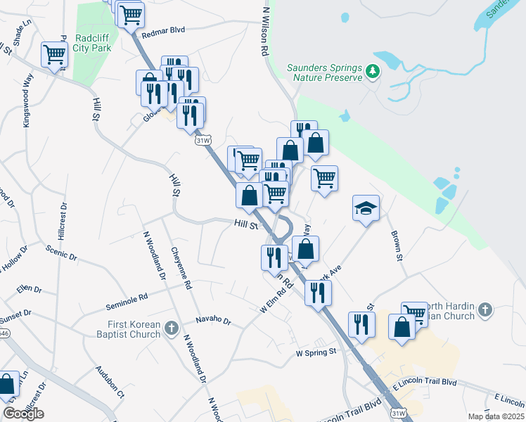 map of restaurants, bars, coffee shops, grocery stores, and more near 803 North Wilson Road in Radcliff