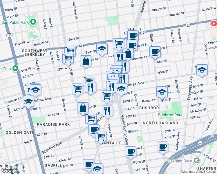 map of restaurants, bars, coffee shops, grocery stores, and more near 3244 Ellis Street in Berkeley