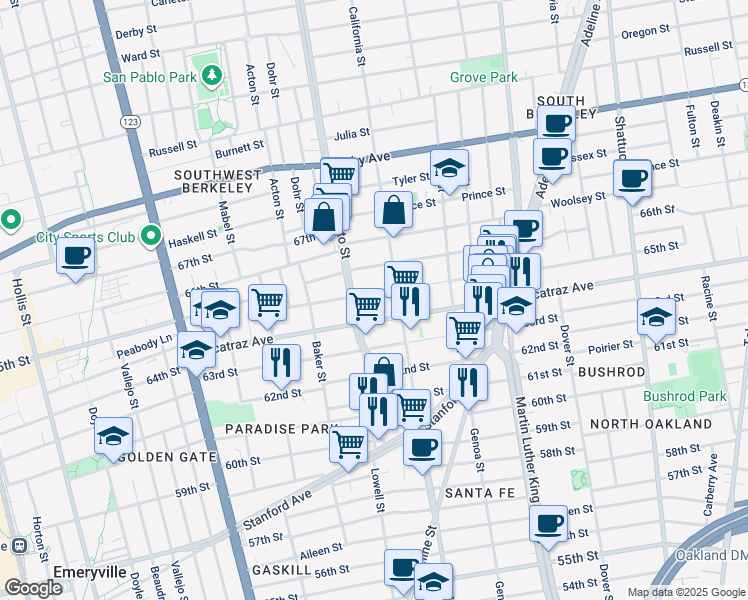 map of restaurants, bars, coffee shops, grocery stores, and more near 1522 Harmon Street in Berkeley