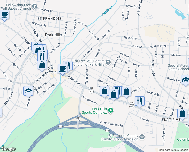 map of restaurants, bars, coffee shops, grocery stores, and more near 103 Flat River Drive in Park Hills