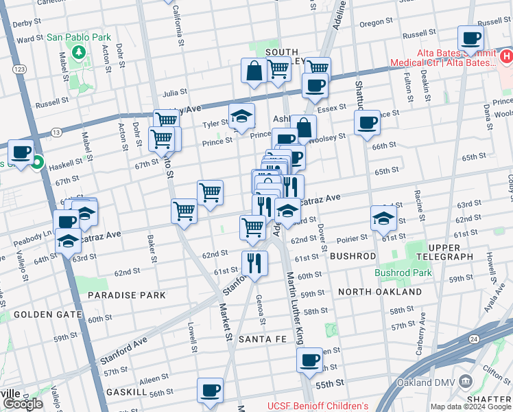 map of restaurants, bars, coffee shops, grocery stores, and more near 3244 Ellis Street in Berkeley