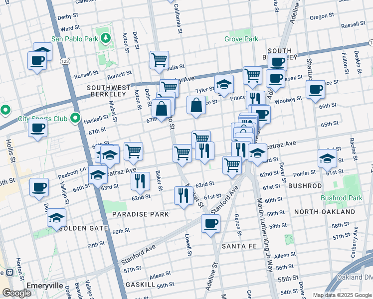 map of restaurants, bars, coffee shops, grocery stores, and more near 1522 Harmon Street in Berkeley
