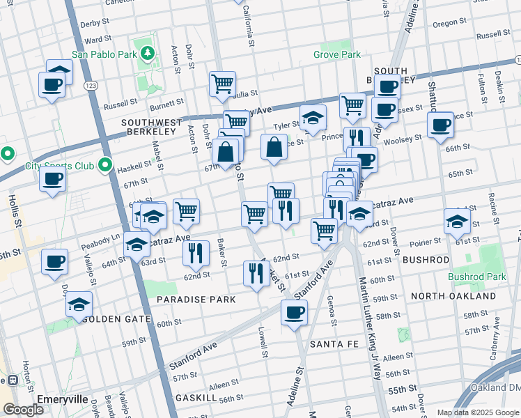 map of restaurants, bars, coffee shops, grocery stores, and more near 1522 Harmon Street in Berkeley