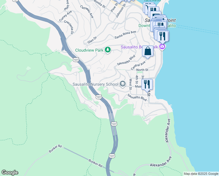 map of restaurants, bars, coffee shops, grocery stores, and more near 89 Crescent Avenue in Sausalito