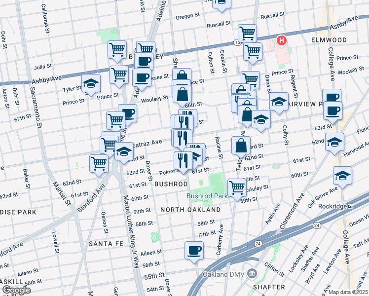 map of restaurants, bars, coffee shops, grocery stores, and more near Shattuck Avenue & 63rd Street in Oakland