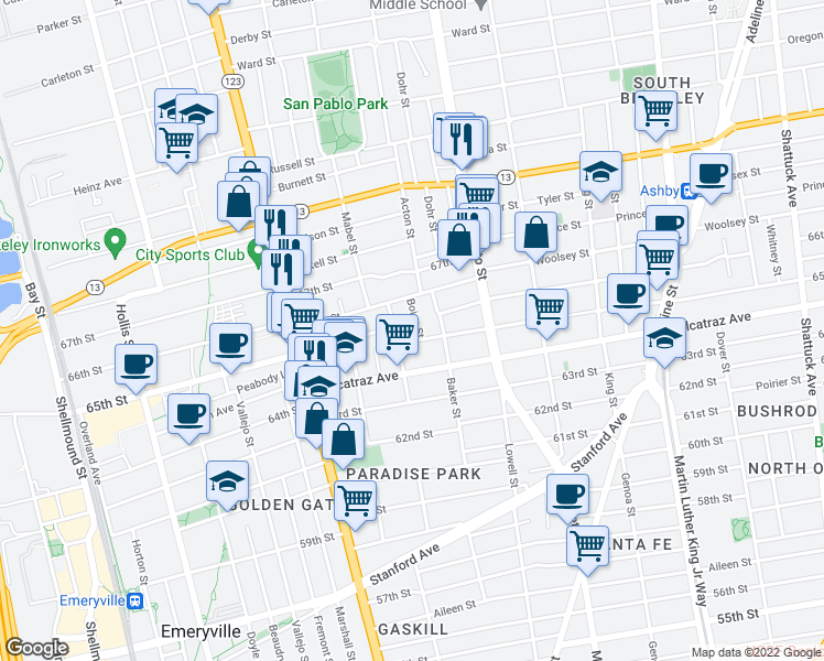 map of restaurants, bars, coffee shops, grocery stores, and more near 1326 66th Street in Berkeley