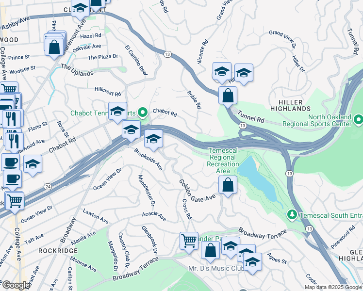 map of restaurants, bars, coffee shops, grocery stores, and more near 5668 Buena Vista Avenue in Oakland