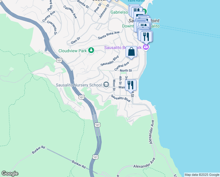 map of restaurants, bars, coffee shops, grocery stores, and more near 613 Main Street in Sausalito