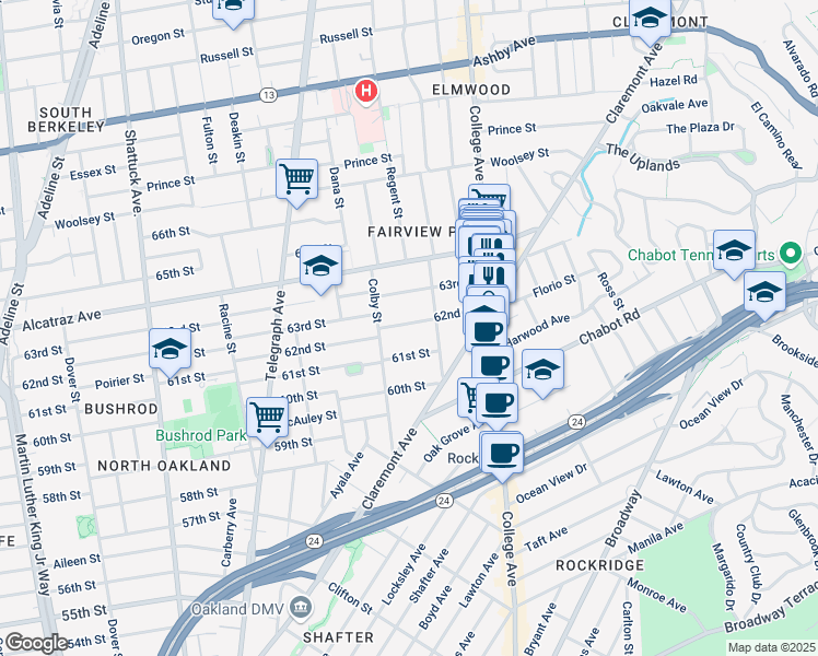 map of restaurants, bars, coffee shops, grocery stores, and more near 387 63rd Street in Oakland