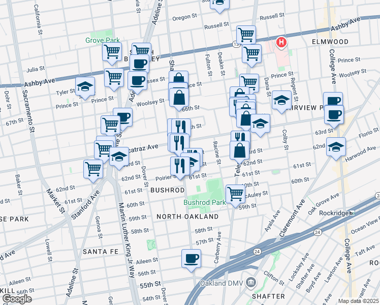 map of restaurants, bars, coffee shops, grocery stores, and more near in Oakland