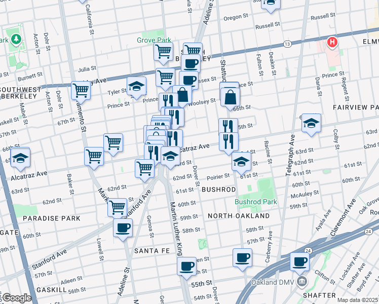 map of restaurants, bars, coffee shops, grocery stores, and more near 1902 Harmon Street in Berkeley