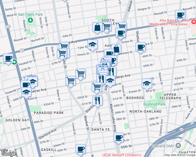 map of restaurants, bars, coffee shops, grocery stores, and more near 1800 Harmon Street in Berkeley