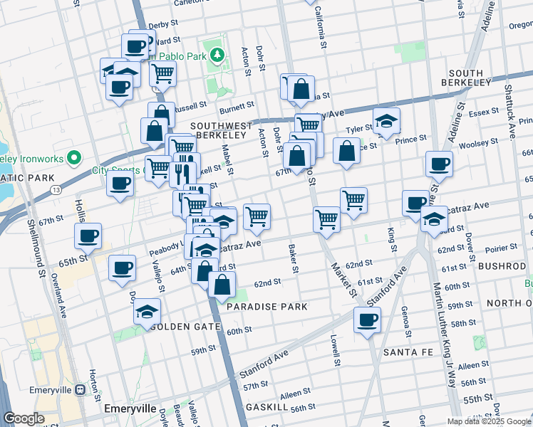 map of restaurants, bars, coffee shops, grocery stores, and more near 1326 66th Street in Berkeley
