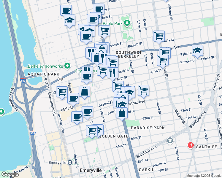 map of restaurants, bars, coffee shops, grocery stores, and more near 6623 San Pablo Avenue in Oakland