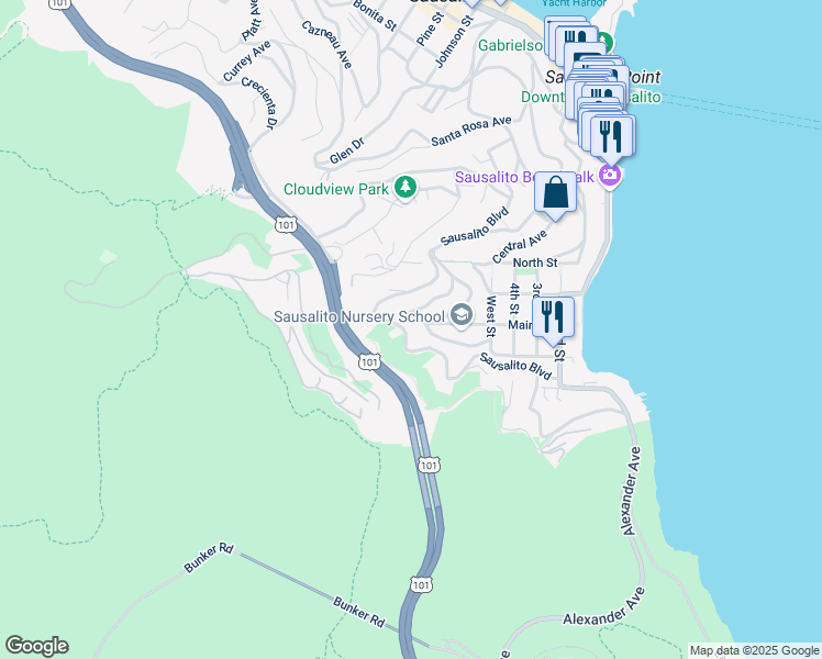 map of restaurants, bars, coffee shops, grocery stores, and more near 89 Crescent Avenue in Sausalito