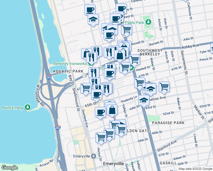 map of restaurants, bars, coffee shops, grocery stores, and more near 1300 67th Street in Emeryville