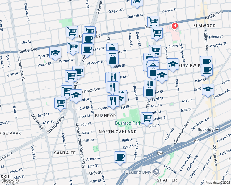 map of restaurants, bars, coffee shops, grocery stores, and more near 6300 Shattuck Avenue in Oakland