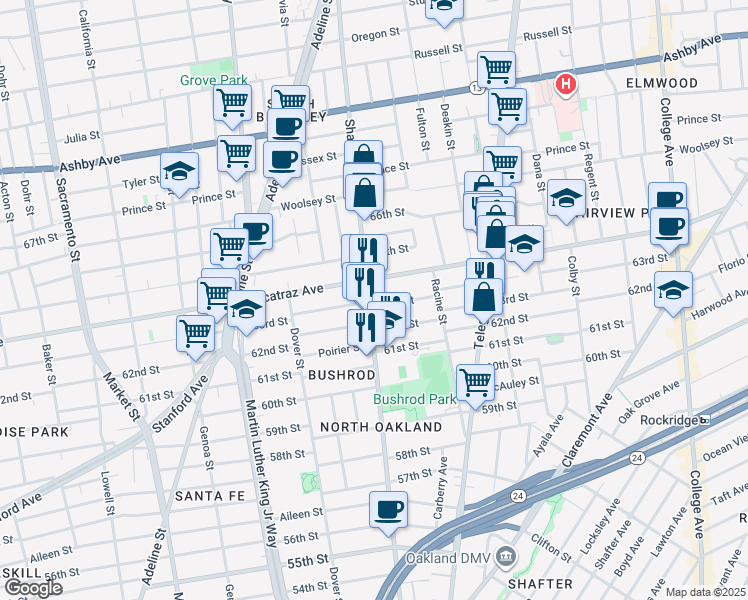 map of restaurants, bars, coffee shops, grocery stores, and more near 6300 Shattuck Avenue in Oakland