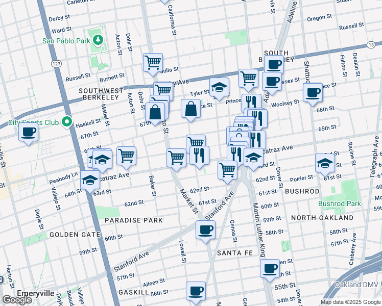 map of restaurants, bars, coffee shops, grocery stores, and more near 1611 Harmon Street in Berkeley