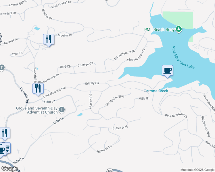 map of restaurants, bars, coffee shops, grocery stores, and more near 19591 Grizzly Circle in Groveland