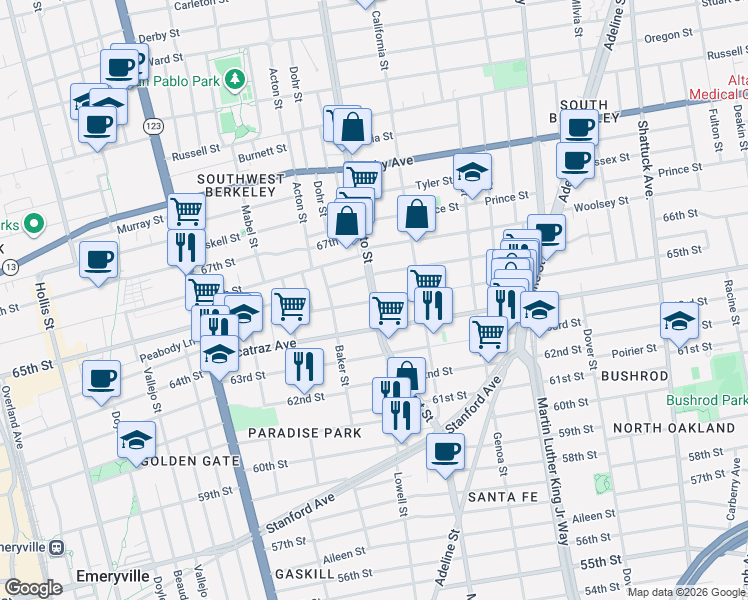 map of restaurants, bars, coffee shops, grocery stores, and more near 3200 Sacramento Street in Berkeley