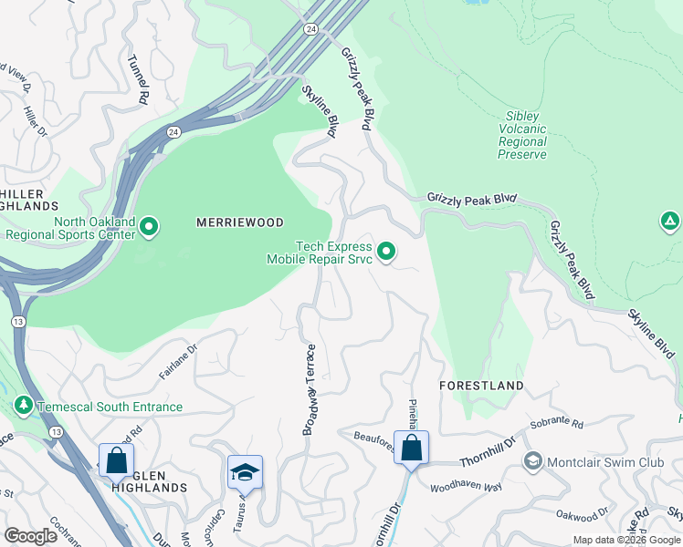 map of restaurants, bars, coffee shops, grocery stores, and more near 6821 Balsam Way in Oakland