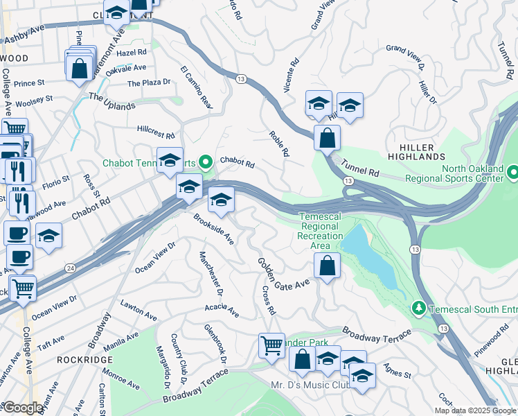 map of restaurants, bars, coffee shops, grocery stores, and more near 5668 Buena Vista Avenue in Oakland