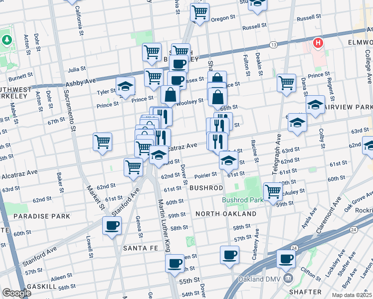 map of restaurants, bars, coffee shops, grocery stores, and more near 766 Alcatraz Avenue in Oakland