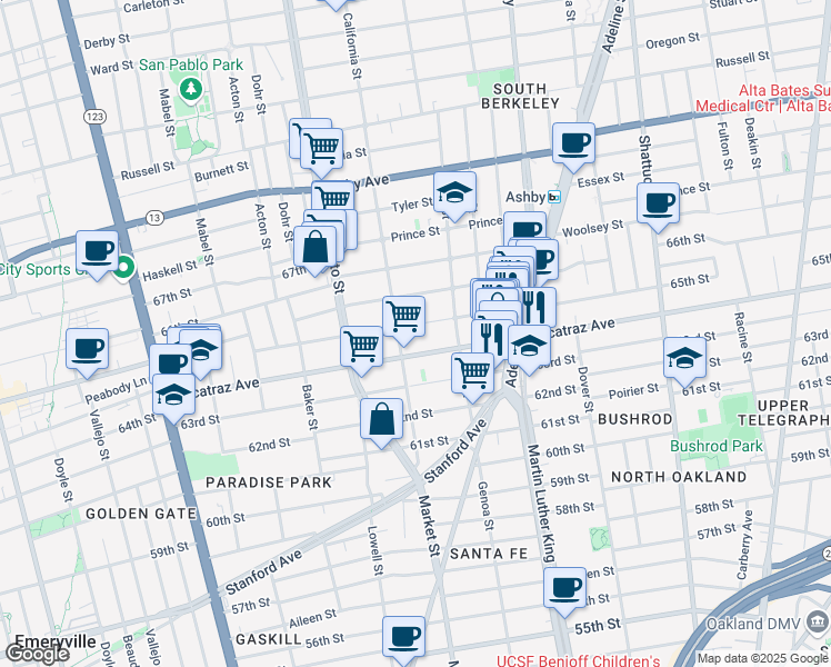 map of restaurants, bars, coffee shops, grocery stores, and more near 1611 Harmon Street in Berkeley