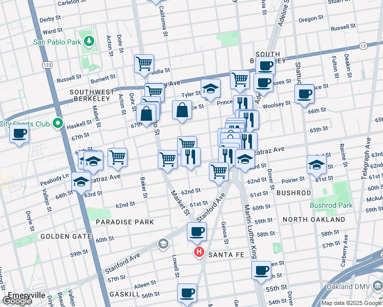 map of restaurants, bars, coffee shops, grocery stores, and more near 1611 Harmon Street in Berkeley