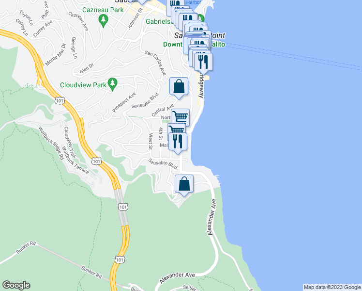 map of restaurants, bars, coffee shops, grocery stores, and more near 315 Main Street in Sausalito