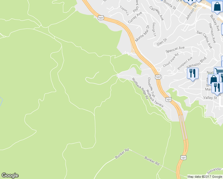 map of restaurants, bars, coffee shops, grocery stores, and more near 0 Highway 1 in Sausalito
