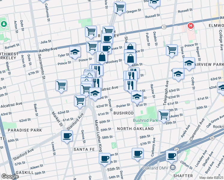 map of restaurants, bars, coffee shops, grocery stores, and more near 1926 Alcatraz Avenue in Berkeley