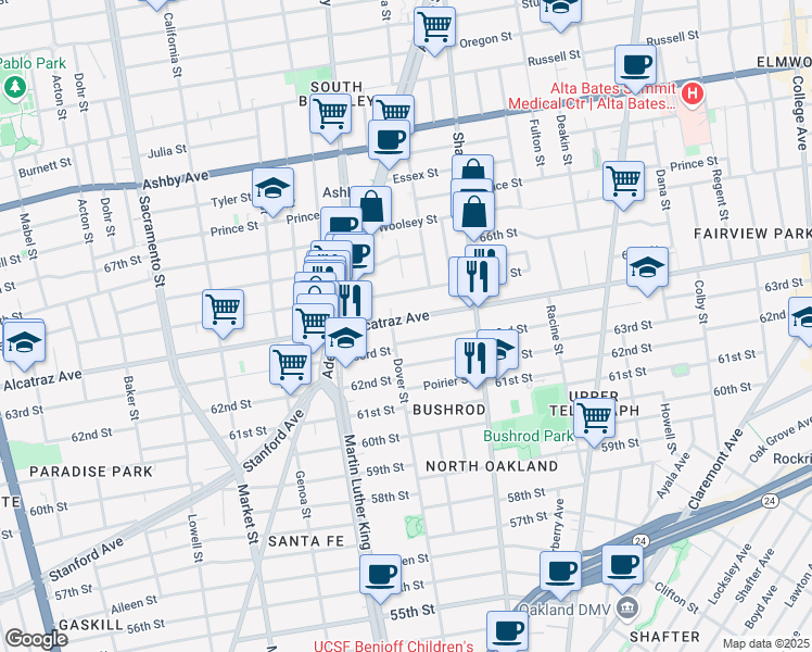 map of restaurants, bars, coffee shops, grocery stores, and more near 1926 Alcatraz Avenue in Berkeley