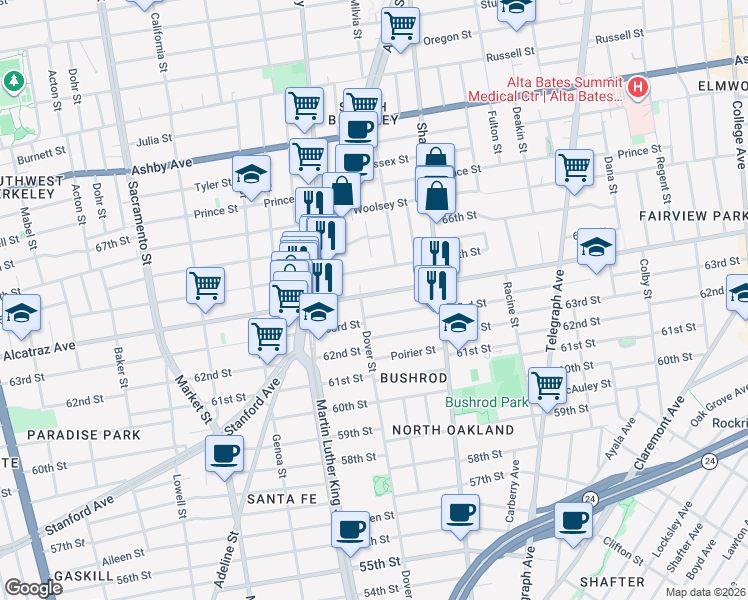 map of restaurants, bars, coffee shops, grocery stores, and more near 766 Alcatraz Avenue in Oakland