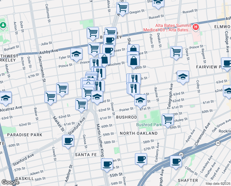 map of restaurants, bars, coffee shops, grocery stores, and more near in Oakland