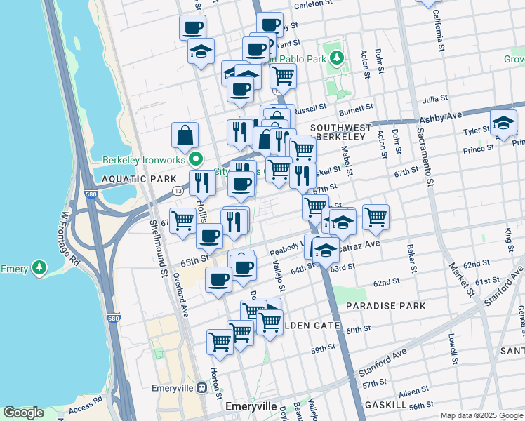 map of restaurants, bars, coffee shops, grocery stores, and more near 121 City Limits Circle in Emeryville