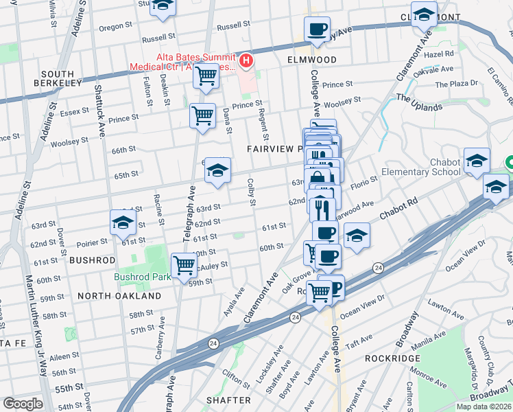 map of restaurants, bars, coffee shops, grocery stores, and more near 387 63rd Street in Oakland
