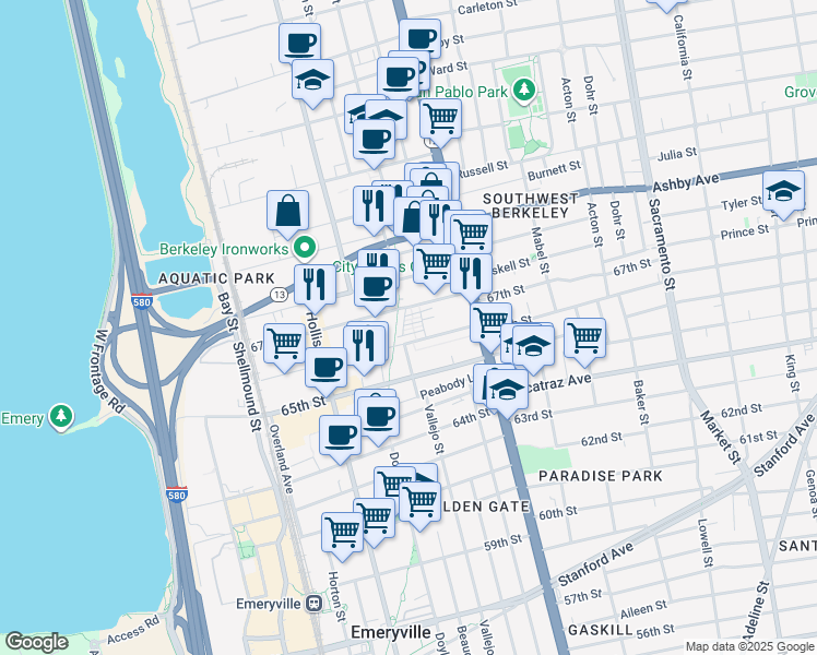 map of restaurants, bars, coffee shops, grocery stores, and more near 121 City Limits Circle in Emeryville