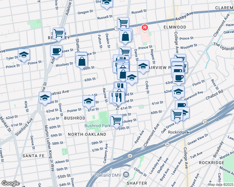 map of restaurants, bars, coffee shops, grocery stores, and more near 6344 Telegraph Avenue in Oakland