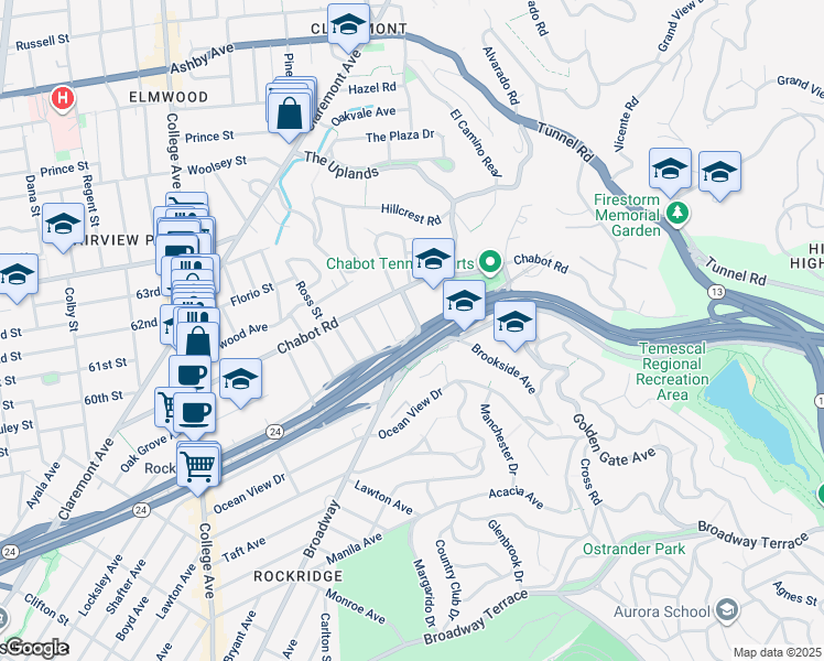 map of restaurants, bars, coffee shops, grocery stores, and more near 5827 Patton Street in Oakland