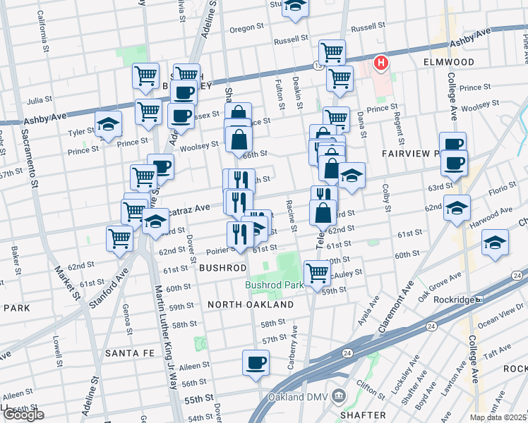 map of restaurants, bars, coffee shops, grocery stores, and more near in Oakland