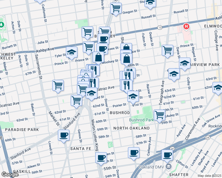 map of restaurants, bars, coffee shops, grocery stores, and more near 766 Alcatraz Avenue in Oakland
