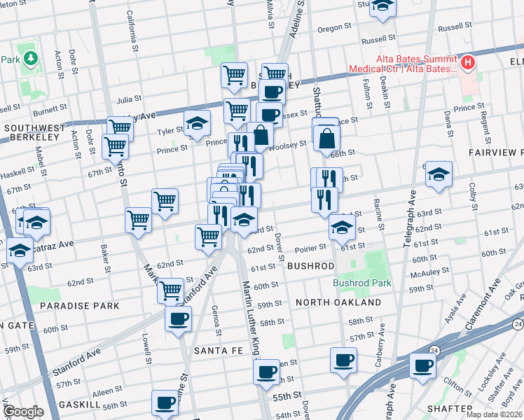 map of restaurants, bars, coffee shops, grocery stores, and more near 1906 Harmon Street in Berkeley